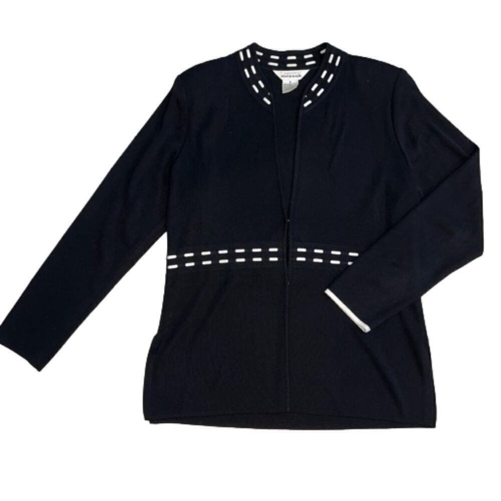 Misook Black Cardigan Sweater White Stitching Accents Size S